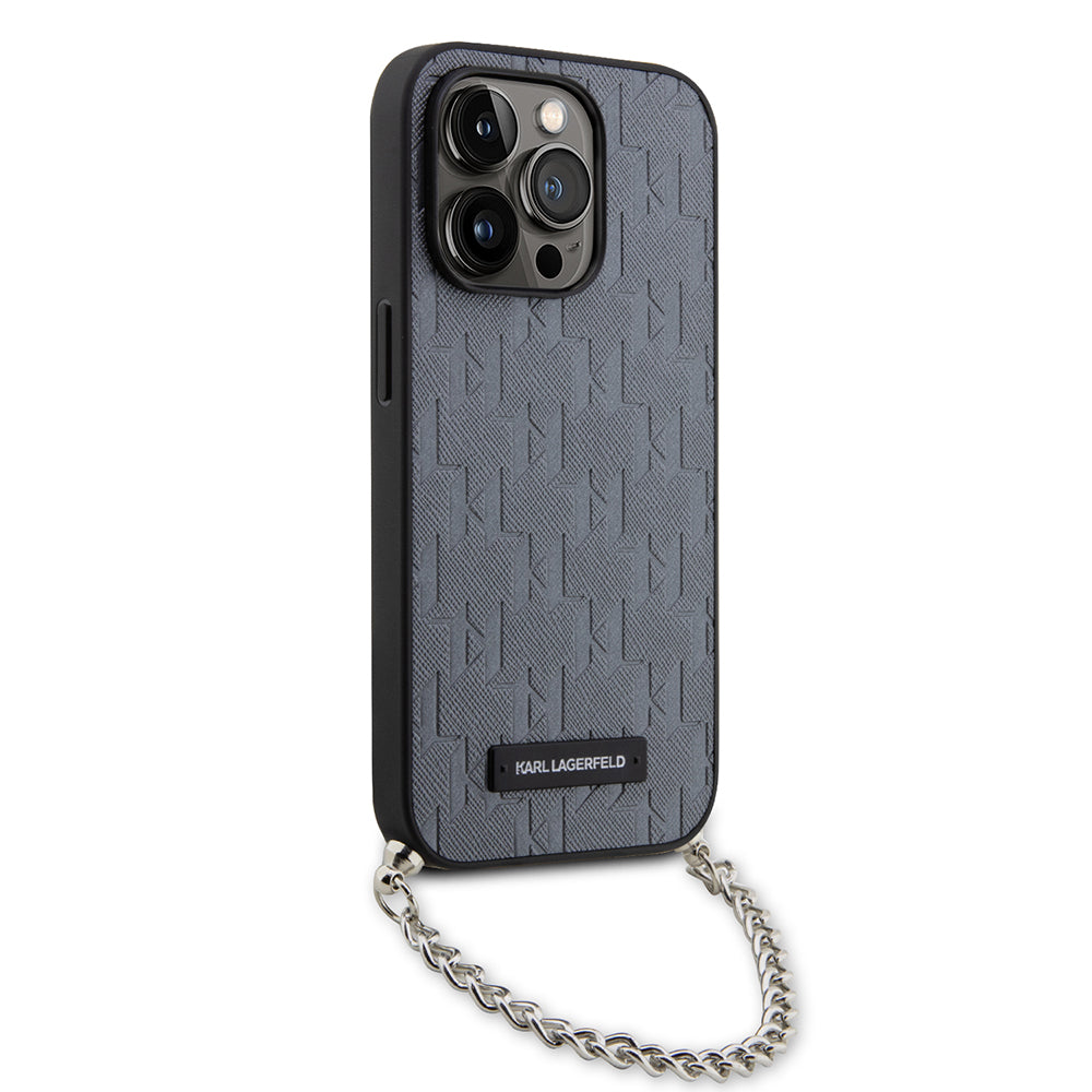 Custodia per Apple iPhone 14 Pro, Karl Lagerfeld, Saffiano Monogram Chain, Argento