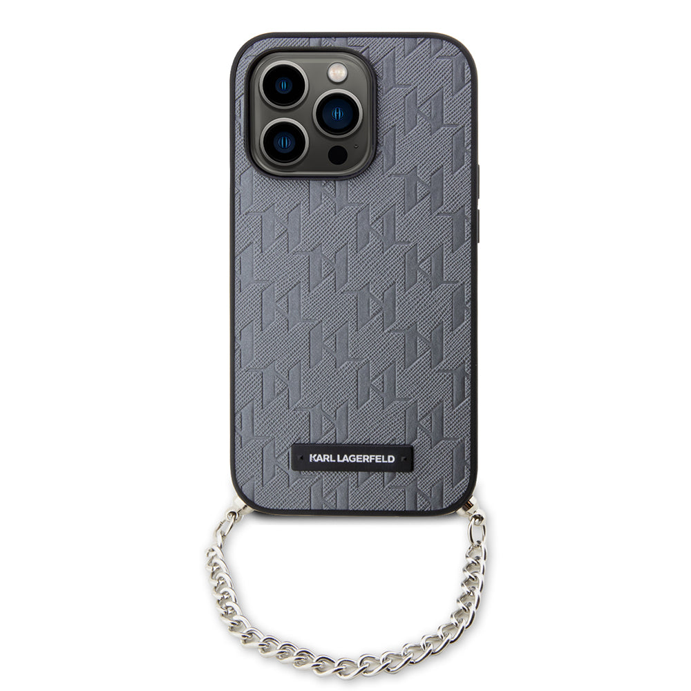 Custodia per Apple iPhone 14 Pro, Karl Lagerfeld, Saffiano Monogram Chain, Argento