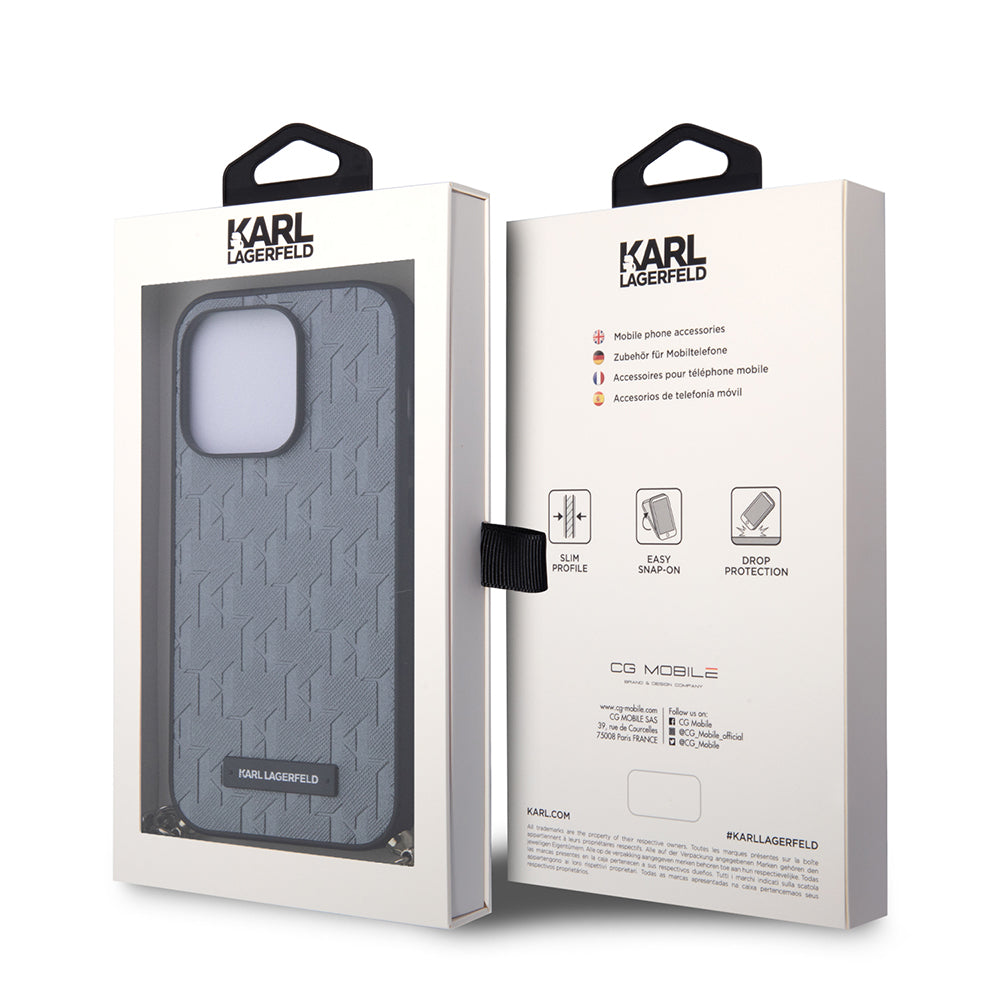 Custodia per Apple iPhone 14 Pro, Karl Lagerfeld, Saffiano Monogram Chain, Argento