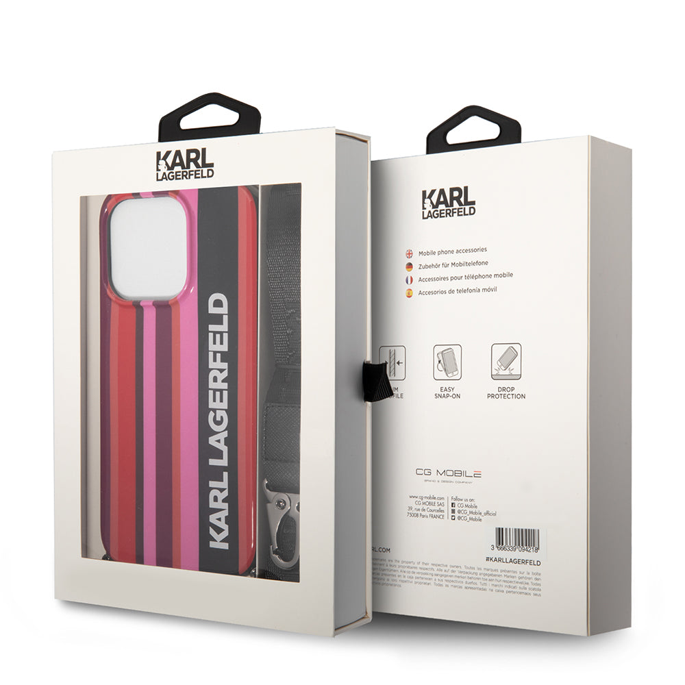 Custodia per Apple iPhone 14 Pro Max, Karl Lagerfeld, Color Stripes with Strap, Rosa