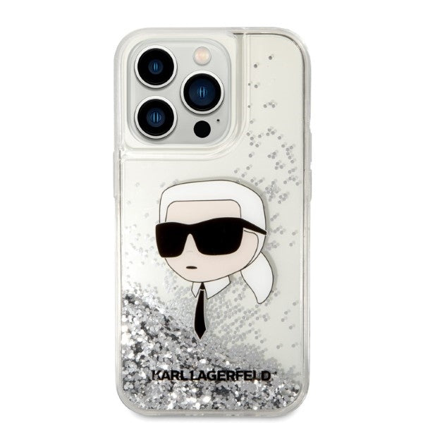 Custodia per Apple iPhone 14 Pro Max, Karl Lagerfeld, Glitter Karl's Head, Argento.