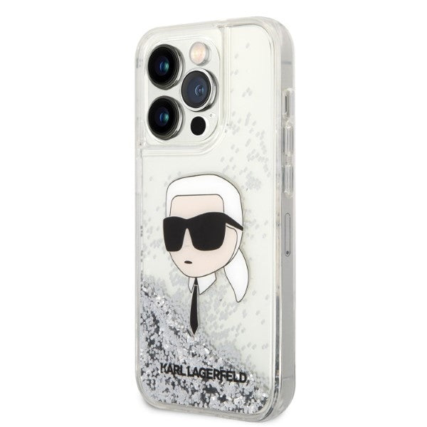 Custodia per Apple iPhone 14 Pro Max, Karl Lagerfeld, Glitter Karl's Head, Argento.