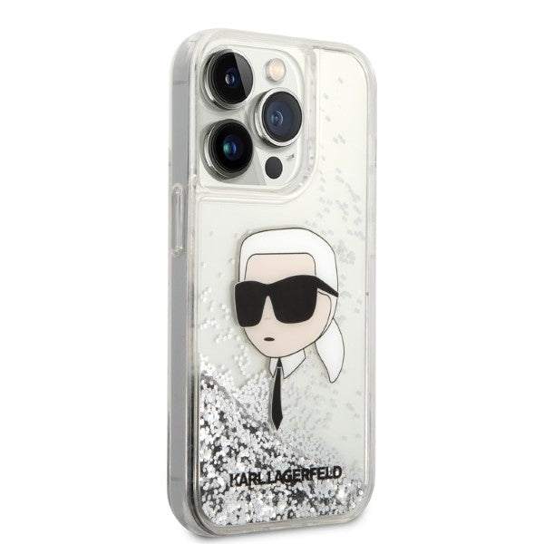 Custodia per Apple iPhone 14 Pro Max, Karl Lagerfeld, Glitter Karl's Head, Argento.