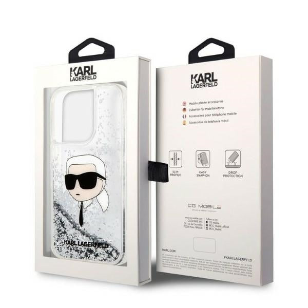 Custodia per Apple iPhone 14 Pro Max, Karl Lagerfeld, Glitter Karl's Head, Argento.
