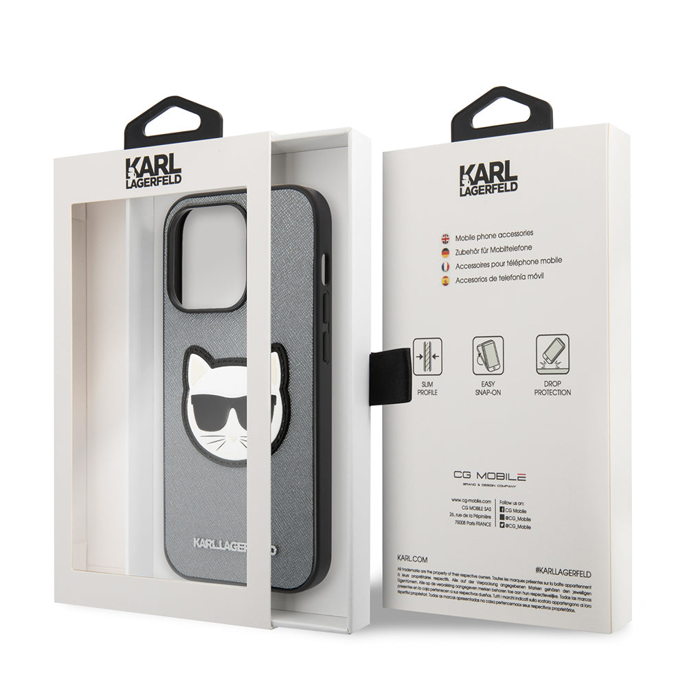Custodia per Apple iPhone 14 Pro Max, Karl Lagerfeld, Saffiano Choupette's Head, Argento