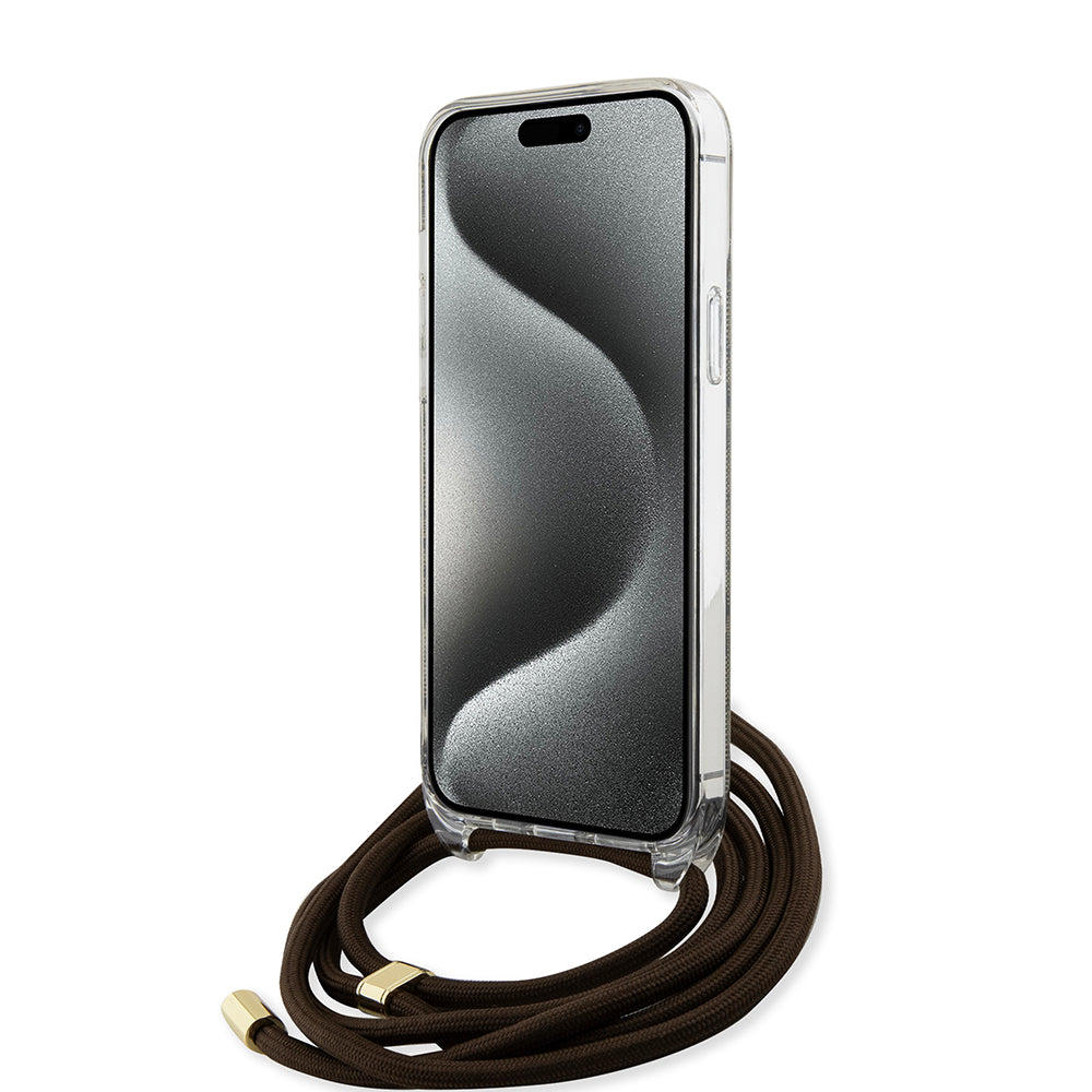 Custodia per Apple iPhone 15, Guess, 4G IML Printed Crossbody, Marrone