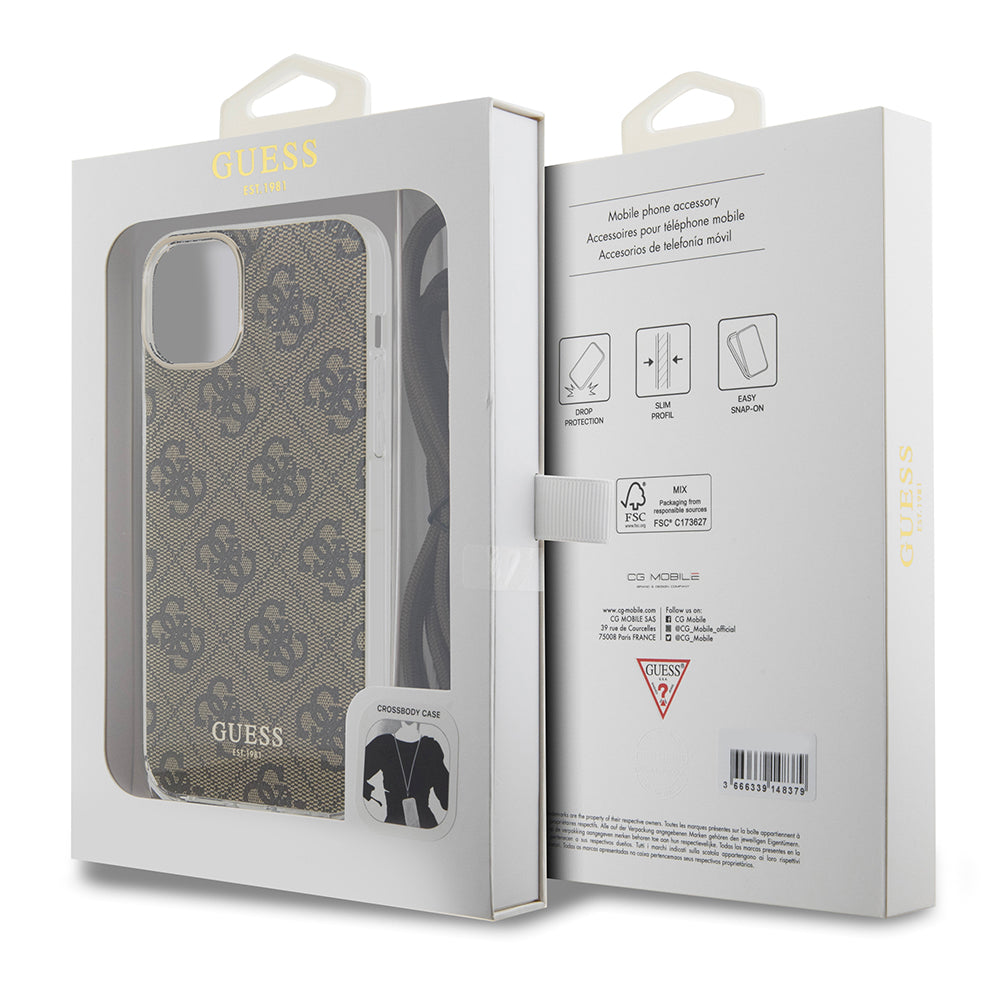 Custodia per Apple iPhone 15, Guess, 4G IML Printed Crossbody, Marrone