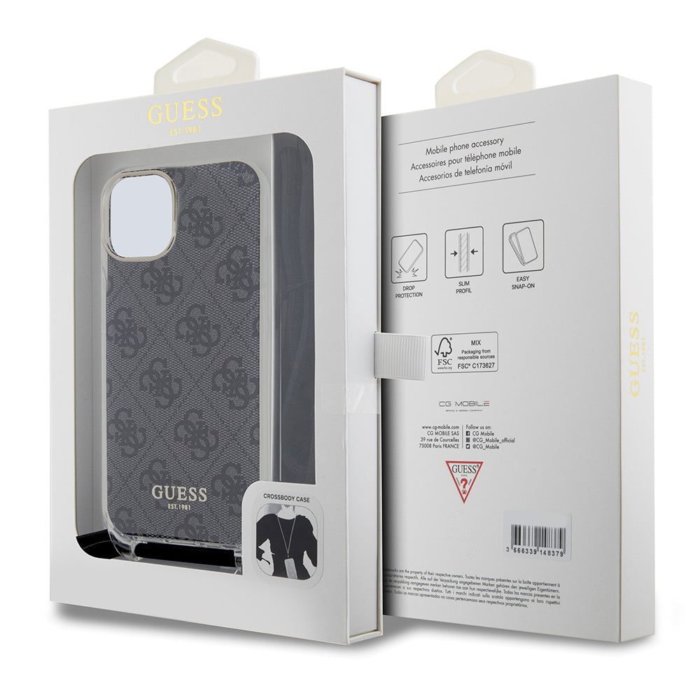 Custodia per Apple iPhone 15, Guess, 4G IML Printed Crossbody, Nera