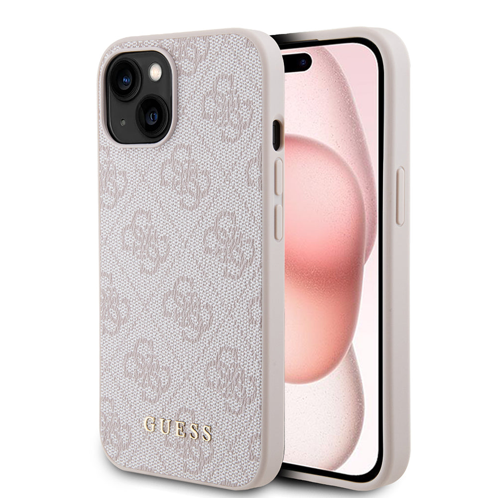 Custodia per Apple iPhone 15, Guess, 4G Metal Gold Logo, Rosa