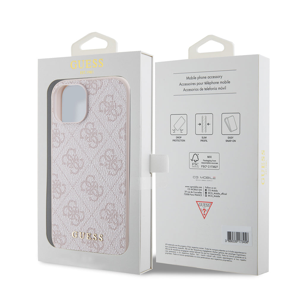 Custodia per Apple iPhone 15, Guess, 4G Metal Gold Logo, Rosa