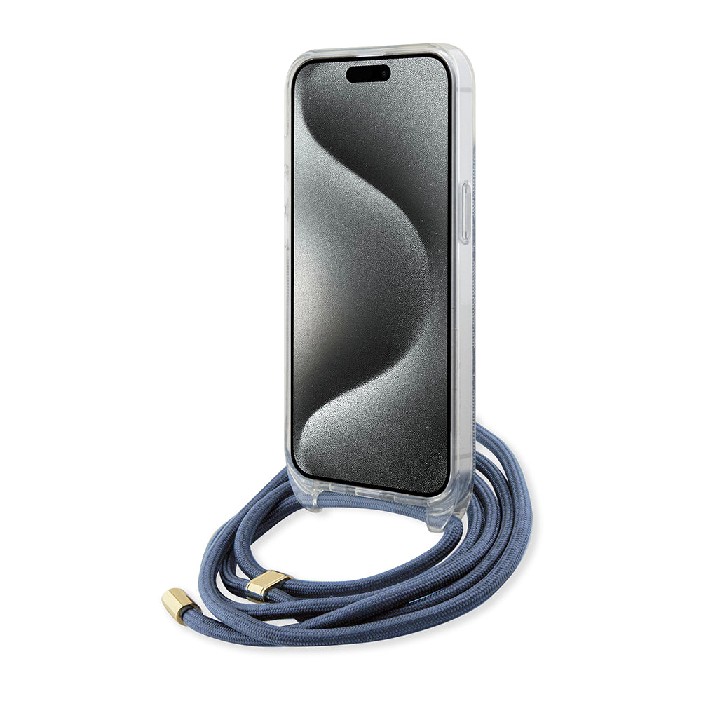 Custodia per Apple iPhone 15, Guess, Crossbody Cord 4G Print, Blu