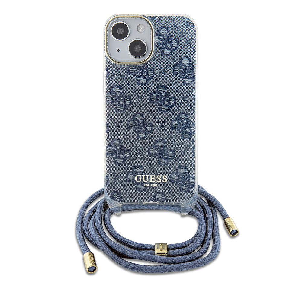 Custodia per Apple iPhone 15, Guess, Crossbody Cord 4G Print, Blu