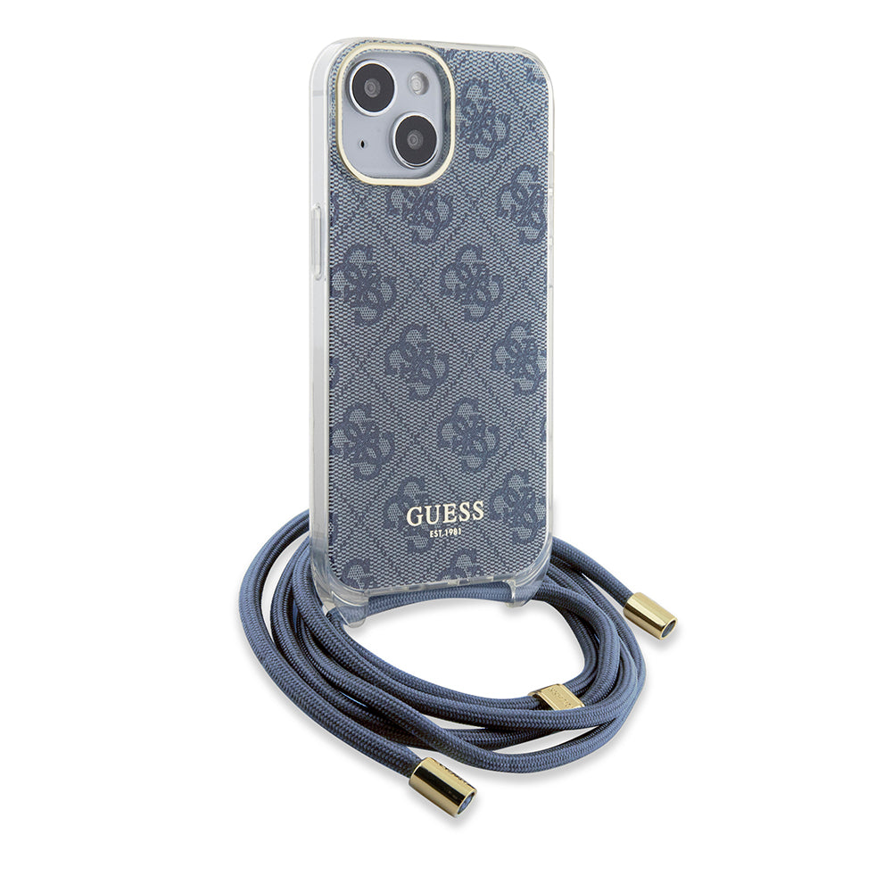 Custodia per Apple iPhone 15, Guess, Crossbody Cord 4G Print, Blu