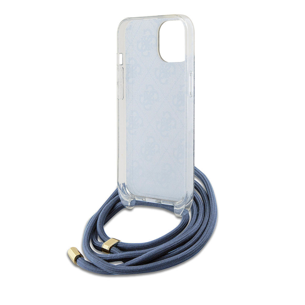 Custodia per Apple iPhone 15, Guess, Crossbody Cord 4G Print, Blu