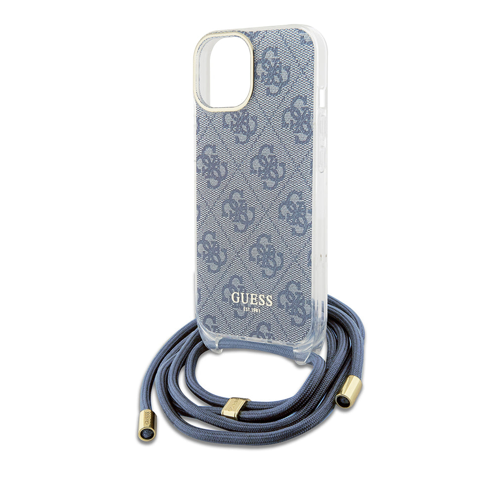 Custodia per Apple iPhone 15, Guess, Crossbody Cord 4G Print, Blu