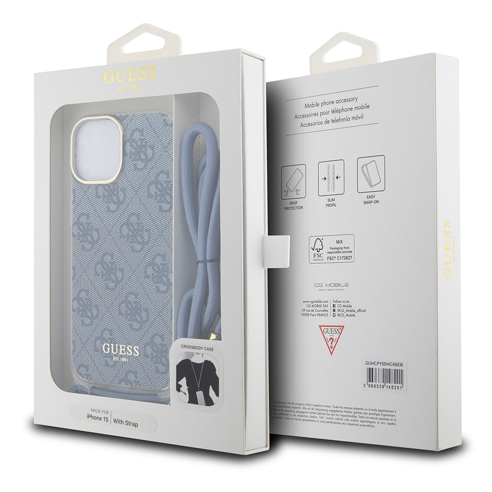 Custodia per Apple iPhone 15, Guess, Crossbody Cord 4G Print, Blu