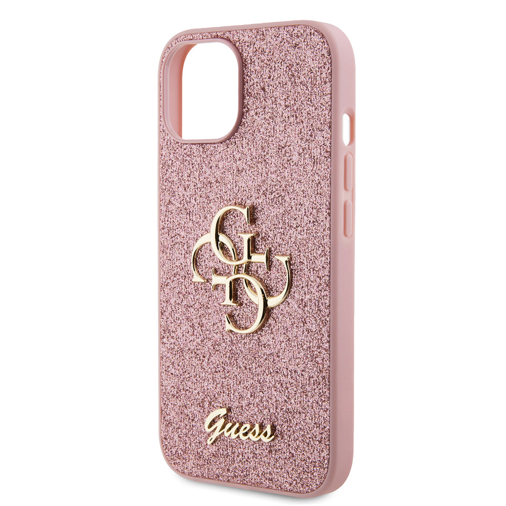 Custodia per Apple iPhone 15, Guess, Glitter Big 4G Script, Rosa