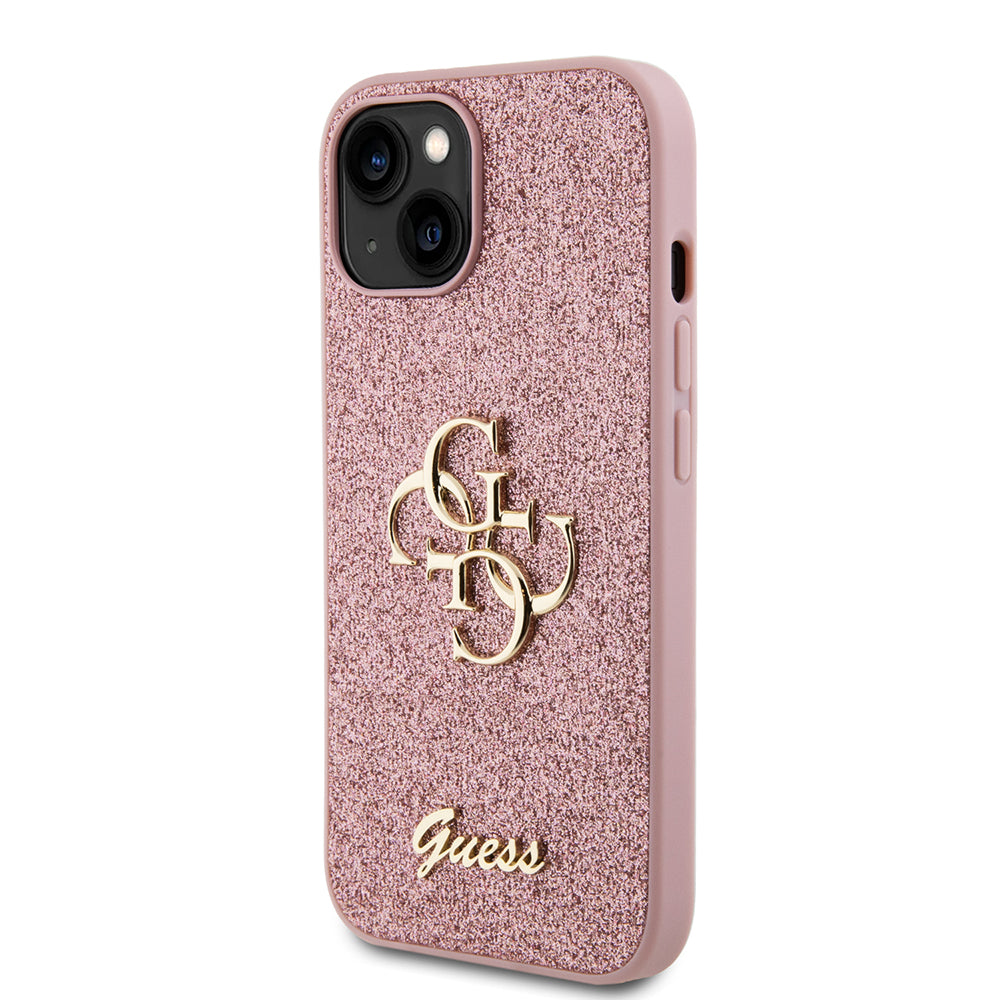 Custodia per Apple iPhone 15, Guess, Glitter Big 4G Script, Rosa