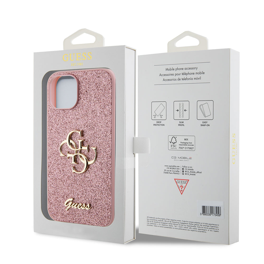 Custodia per Apple iPhone 15, Guess, Glitter Big 4G Script, Rosa