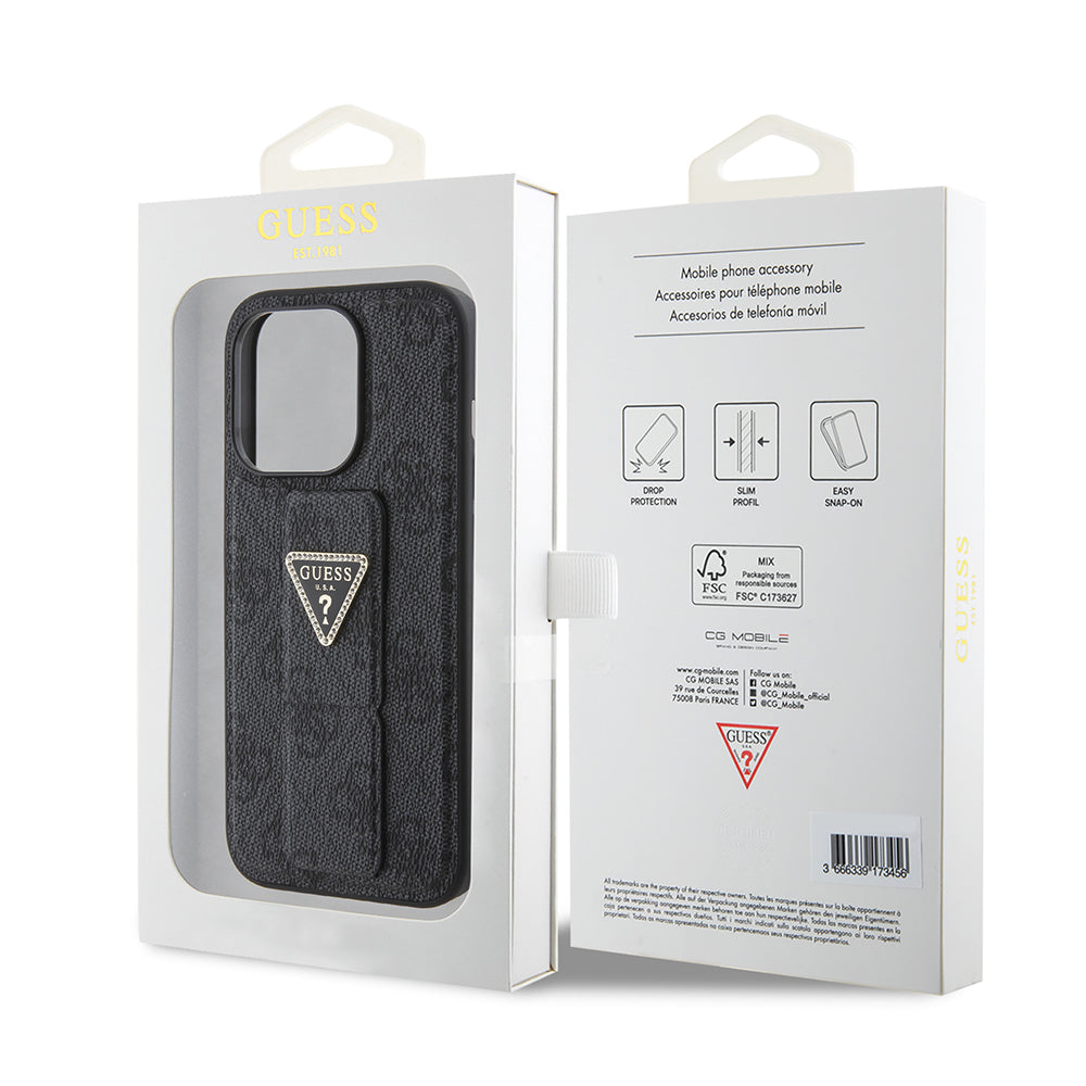 Custodia per Apple iPhone 15, Guess, Grip Stand 4G Triangle Strass, Nera