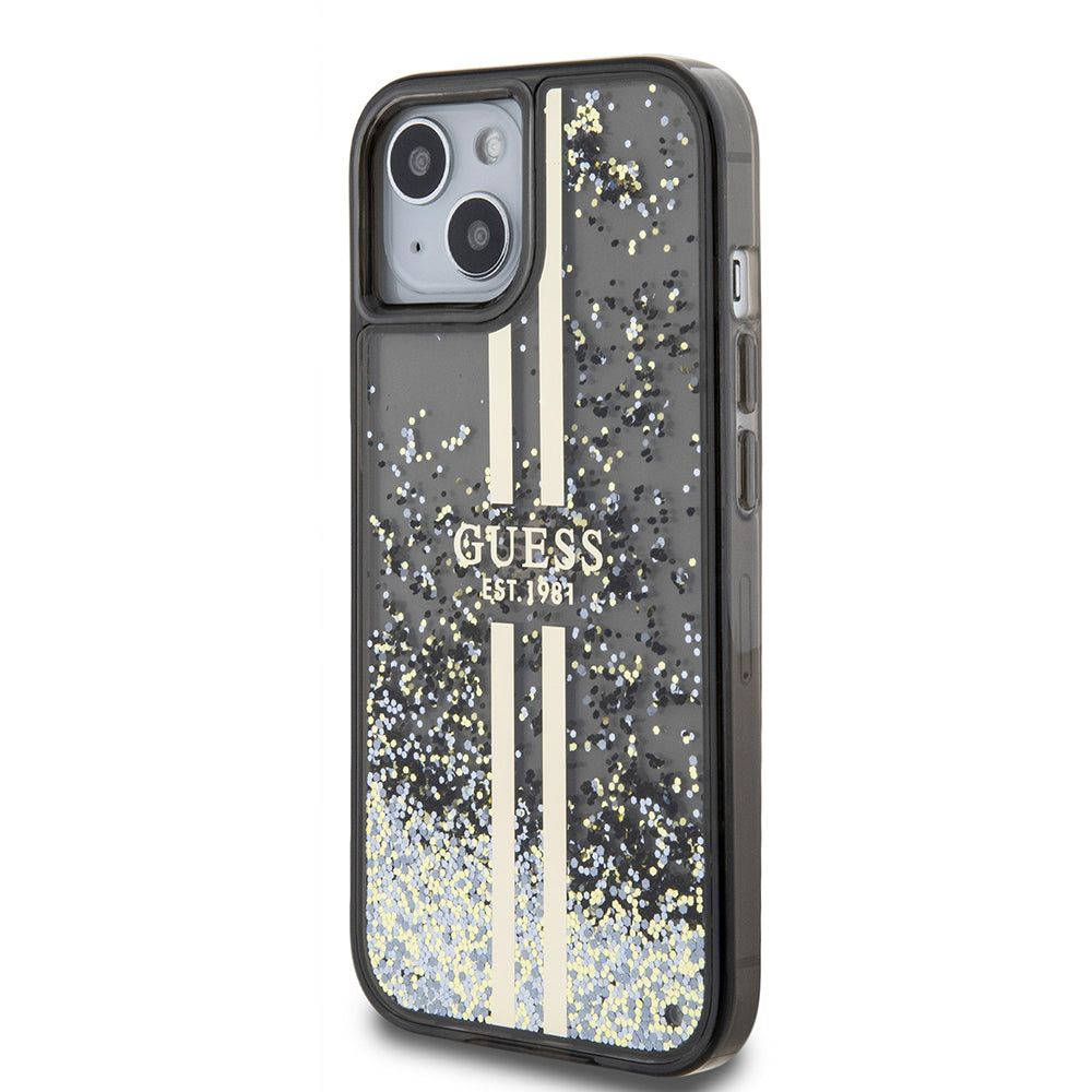 Custodia per Apple iPhone 15, Guess, Liquid Glitter Gold Stripes, Nera