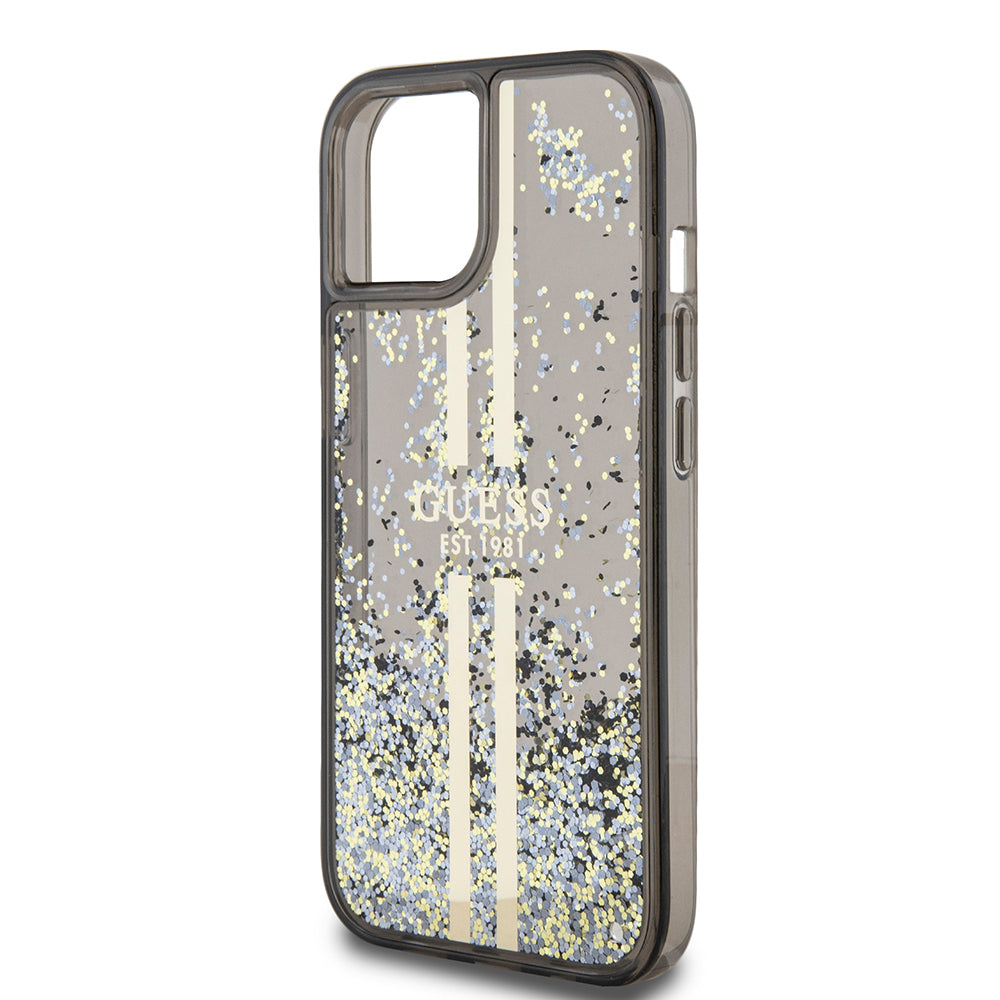 Custodia per Apple iPhone 15, Guess, Liquid Glitter Gold Stripes, Nera