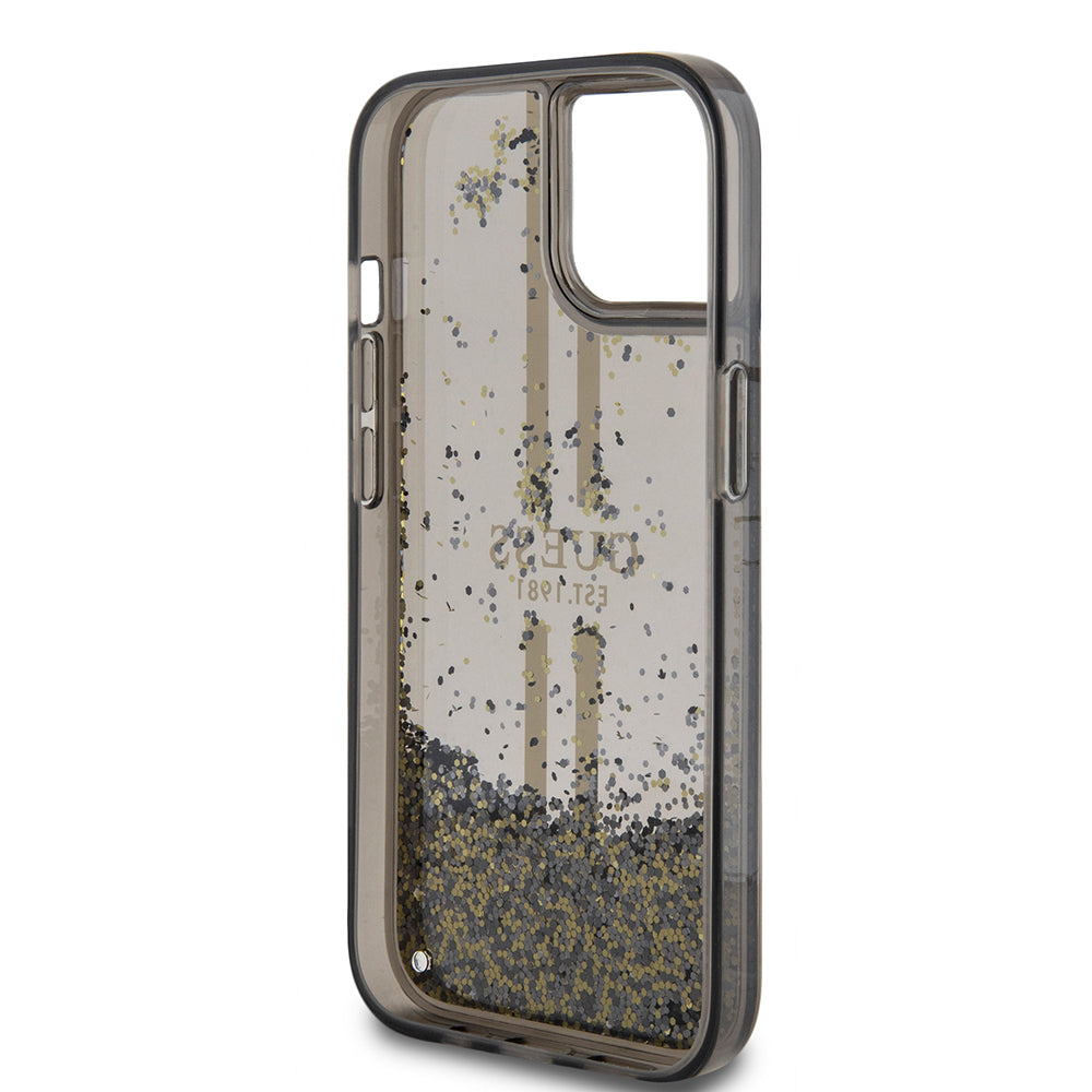 Custodia per Apple iPhone 15, Guess, Liquid Glitter Gold Stripes, Nera