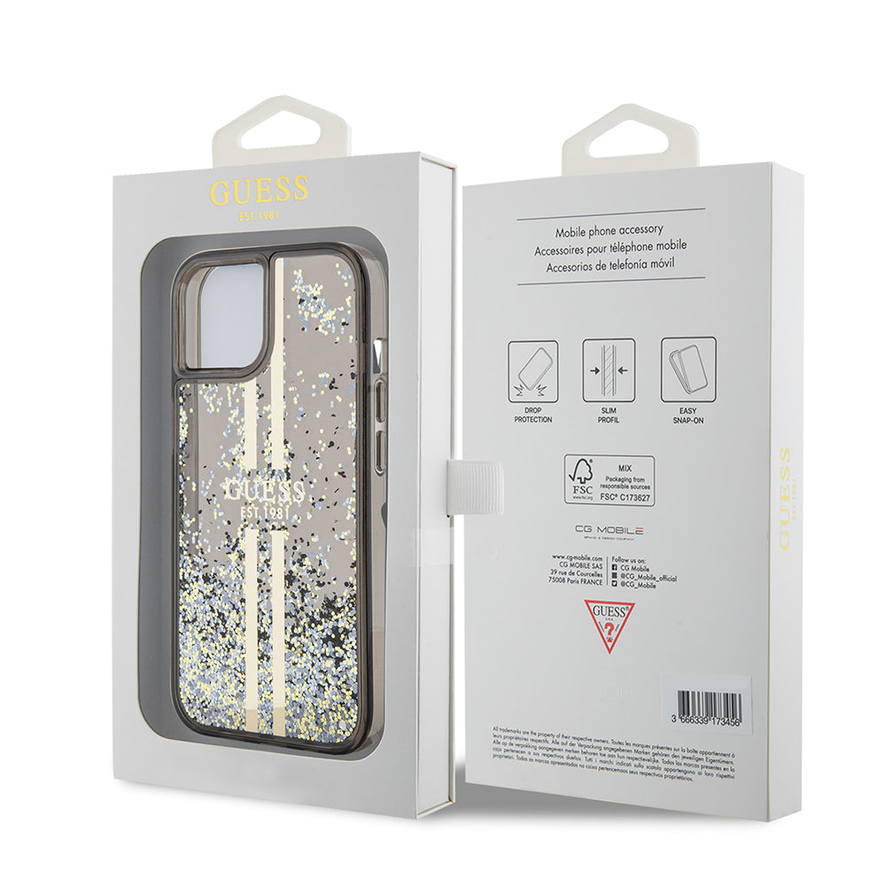 Custodia per Apple iPhone 15, Guess, Liquid Glitter Gold Stripes, Nera