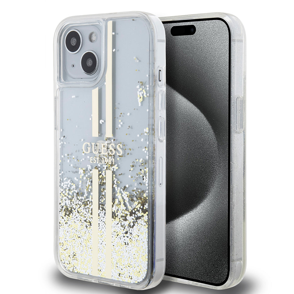 Custodia per Apple iPhone 15, Guess, Liquid Glitter Gold Stripes, Trasparente