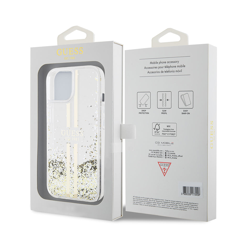 Custodia per Apple iPhone 15, Guess, Liquid Glitter Gold Stripes, Trasparente