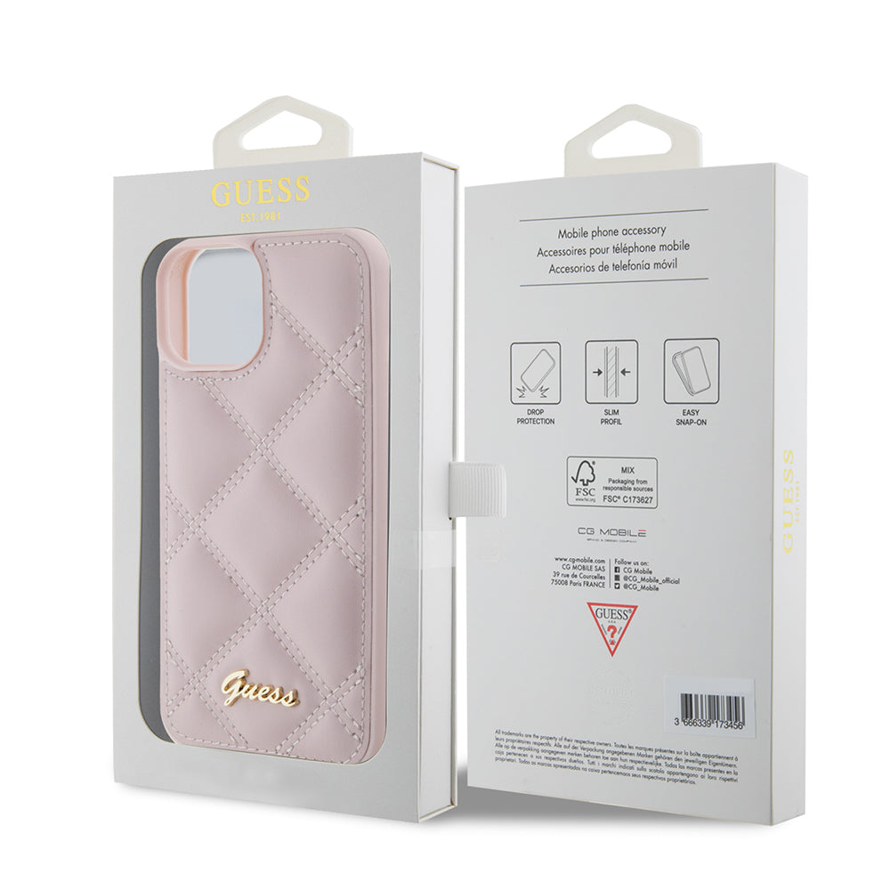Custodia per Apple iPhone 15, Guess, Quilted Metal Logo, Rosa