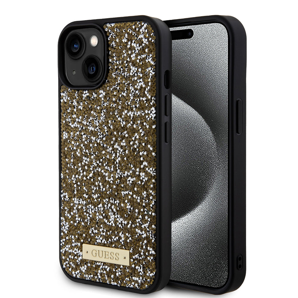 Custodia per Apple iPhone 15, Guess, Rhinestone Metal Logo, Gialla