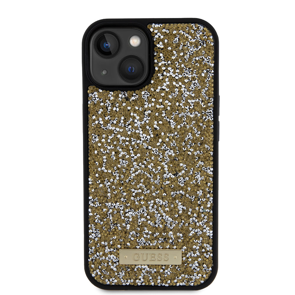 Custodia per Apple iPhone 15, Guess, Rhinestone Metal Logo, Gialla