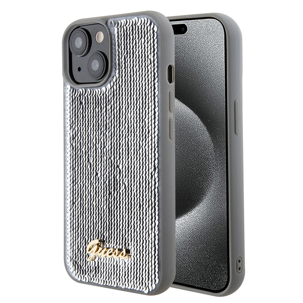 Custodia per Apple iPhone 15, Guess, Sequin Script Metal, Argento