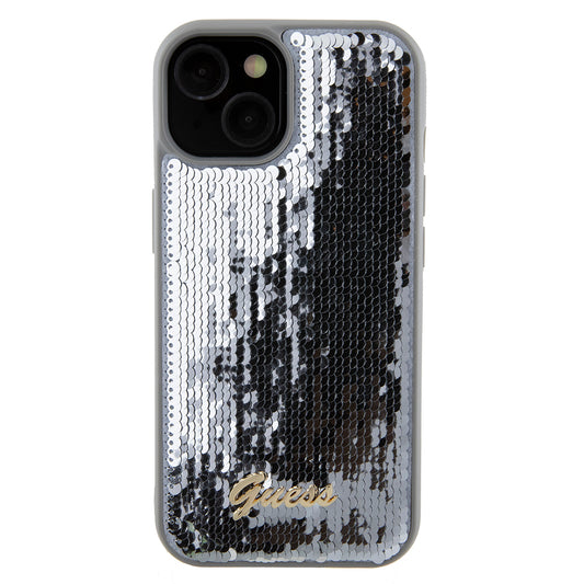 Custodia per Apple iPhone 15, Guess, Sequin Script Metal, Argento