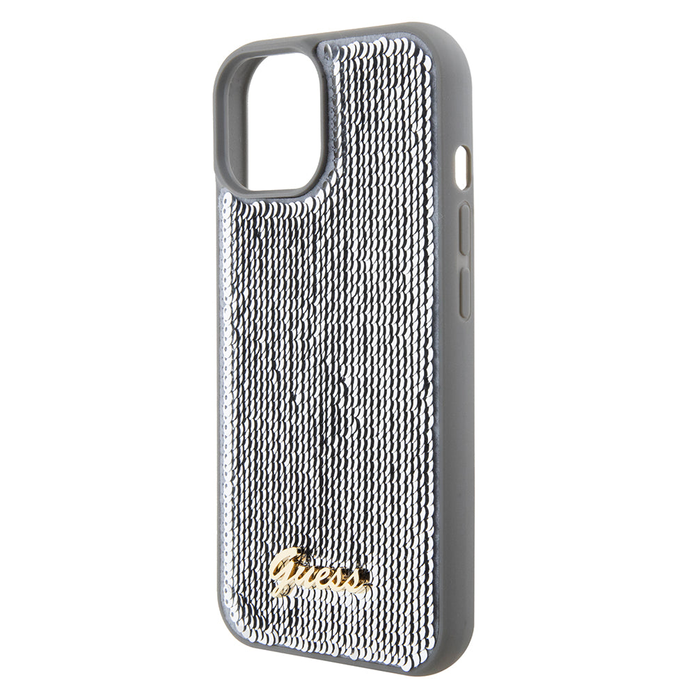 Custodia per Apple iPhone 15, Guess, Sequin Script Metal, Argento