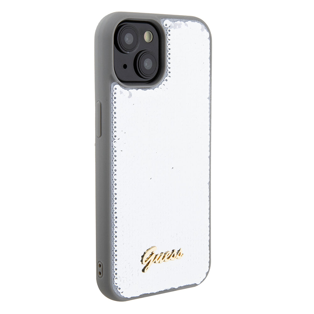 Custodia per Apple iPhone 15, Guess, Sequin Script Metal, Argento