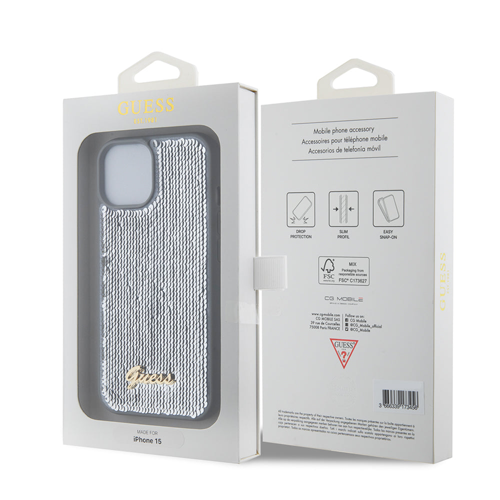 Custodia per Apple iPhone 15, Guess, Sequin Script Metal, Argento