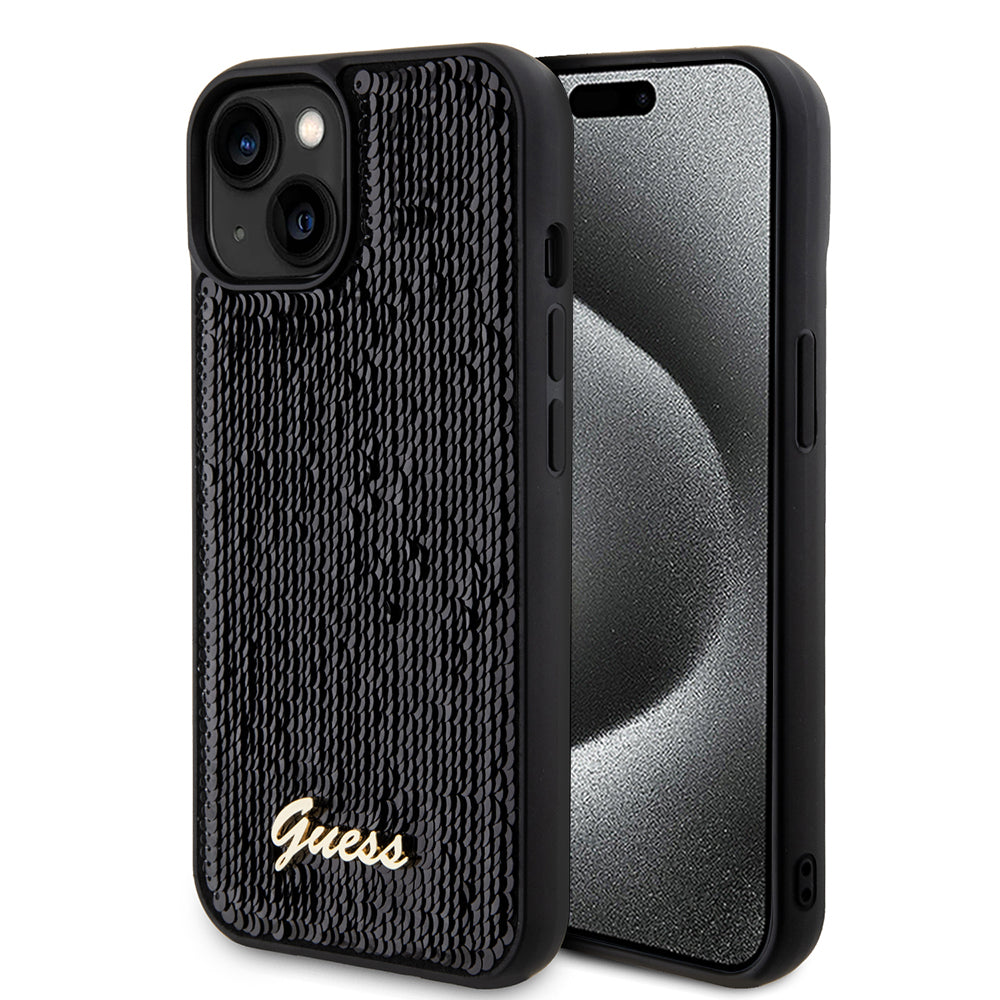 Custodia per Apple iPhone 15, Guess, Sequin Script Metal, Nera