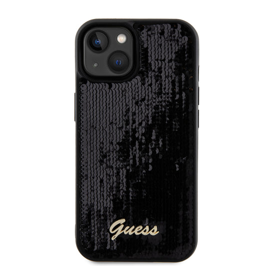 Custodia per Apple iPhone 15, Guess, Sequin Script Metal, Nera