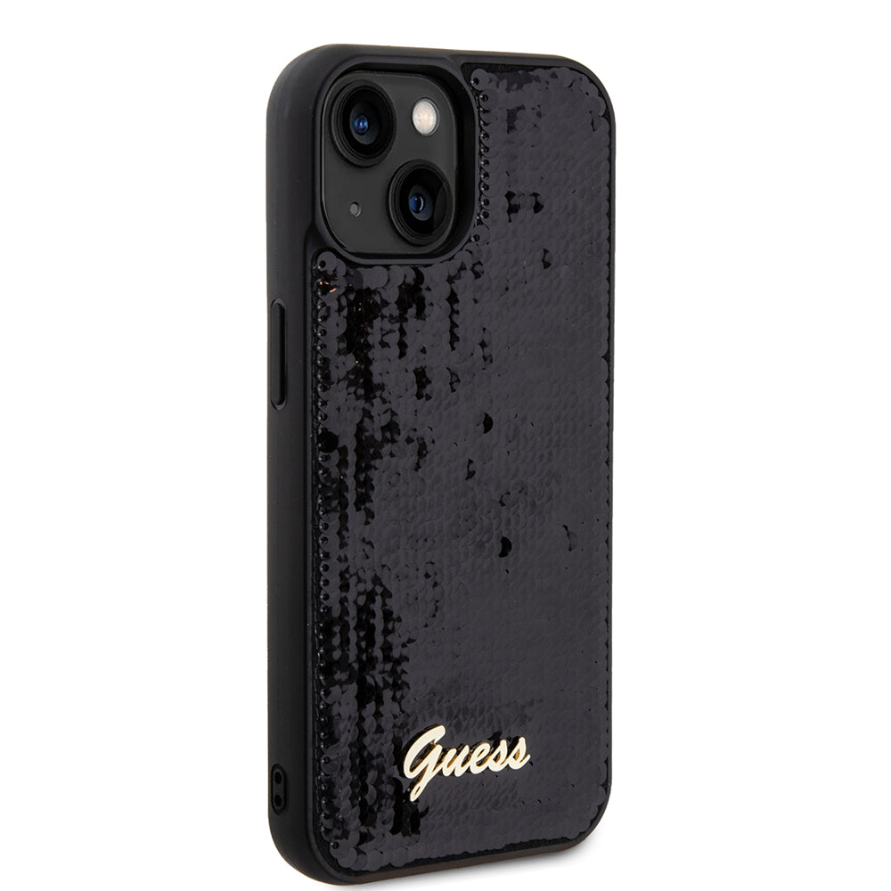 Custodia per Apple iPhone 15, Guess, Sequin Script Metal, Nera
