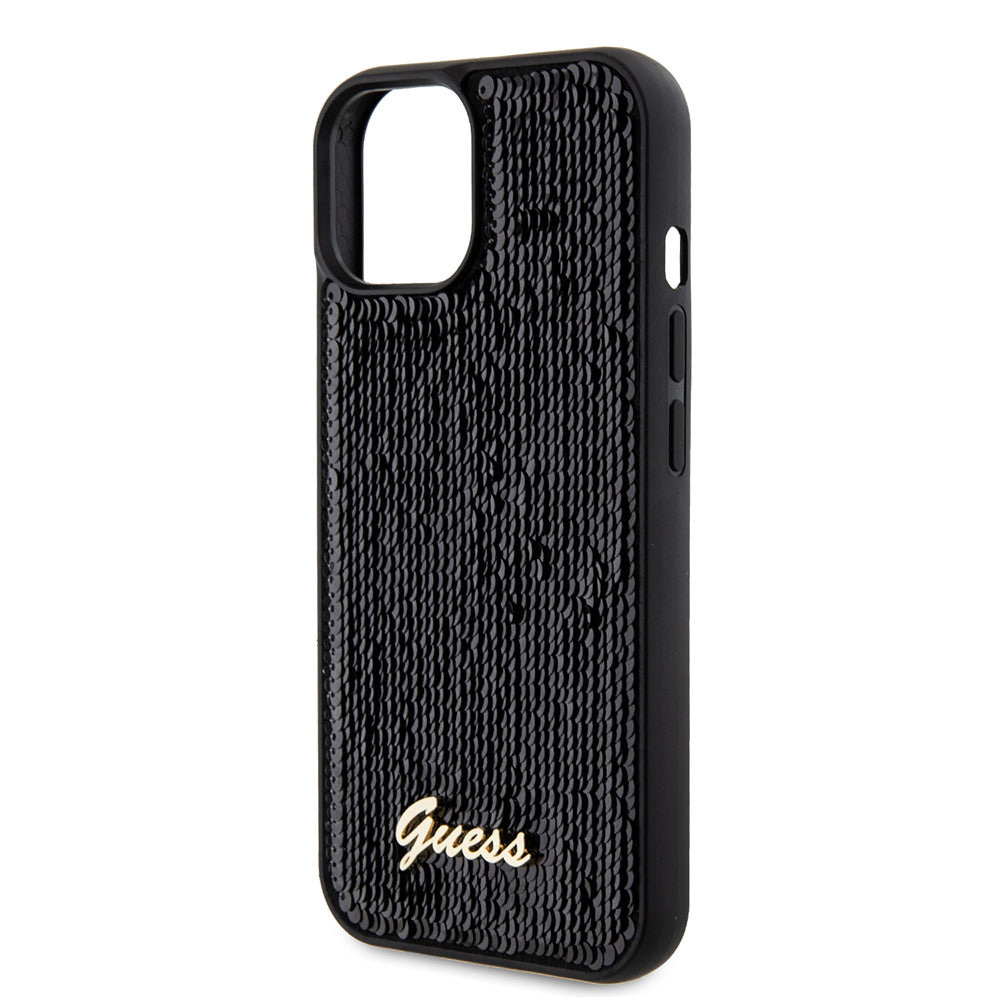 Custodia per Apple iPhone 15, Guess, Sequin Script Metal, Nera