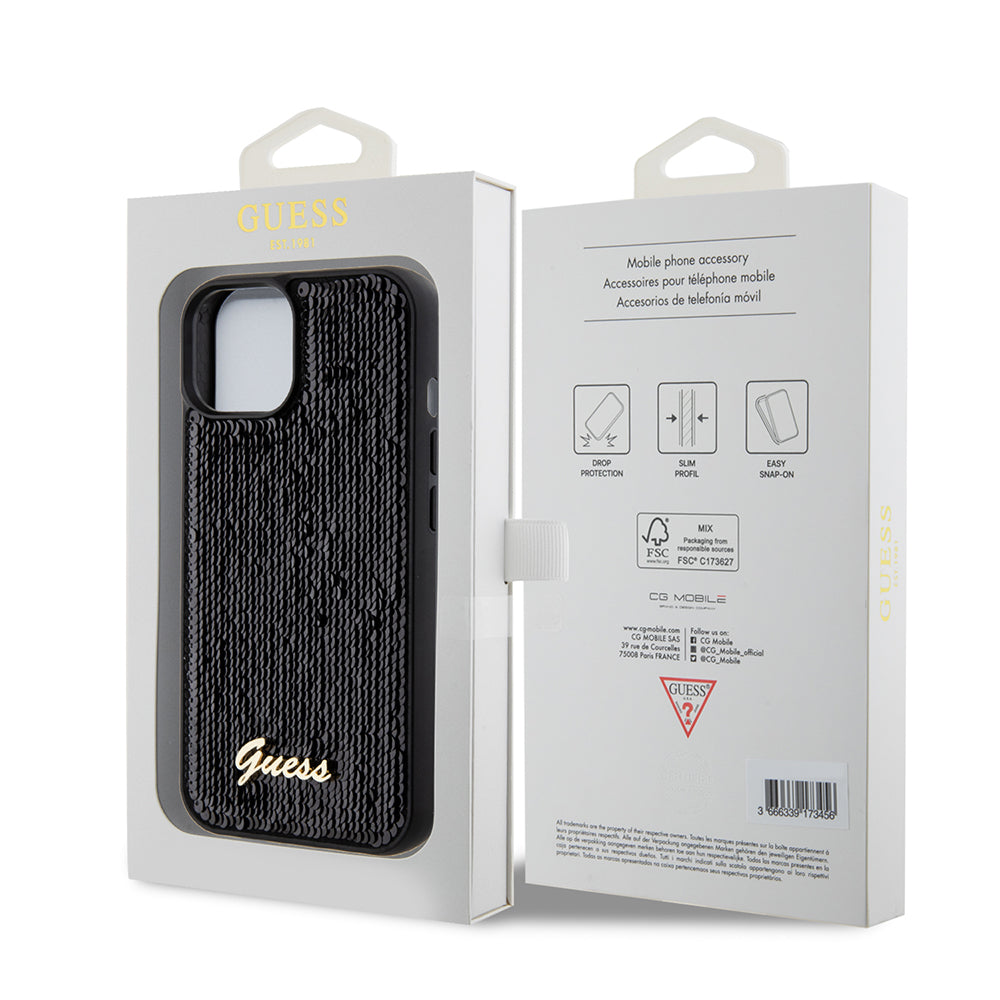 Custodia per Apple iPhone 15, Guess, Sequin Script Metal, Nera