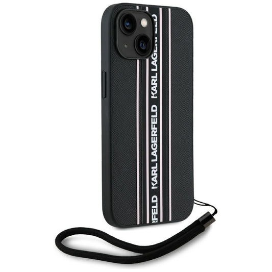 Custodia per Apple iPhone 15, Karl Lagerfeld, Saffiano Athleisure Stripes con Cinturino, Rosa