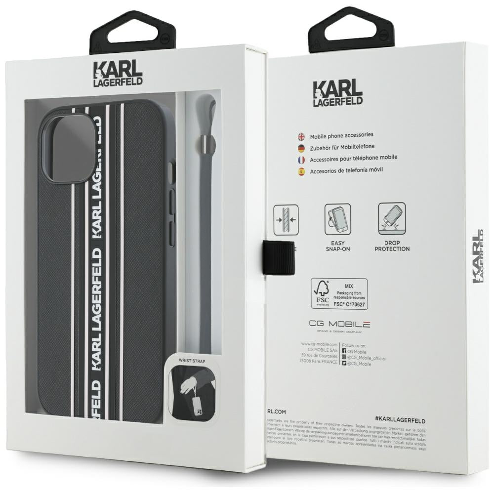 Custodia per Apple iPhone 15, Karl Lagerfeld, Saffiano Athleisure Stripes con Cinturino, Rosa