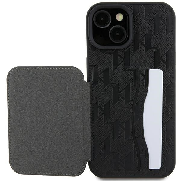 Case for Apple iPhone 15, Karl Lagerfeld, Saffiano Cardslots and Stand Monogram Ikonik Karl, Black
