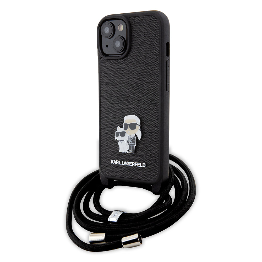 Custodia per Apple iPhone 15, Karl Lagerfeld, Saffiano Crossbody Metal Pin Karl & Choupette, Nera