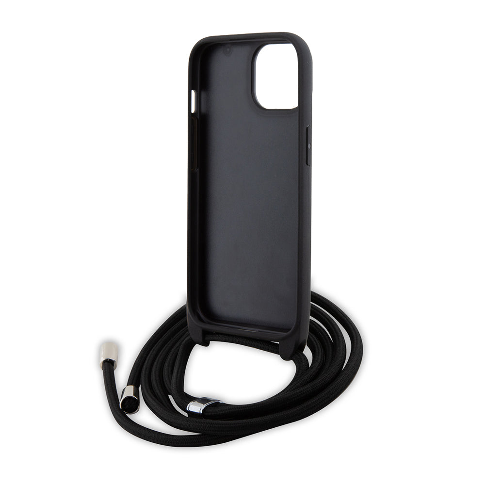 Custodia per Apple iPhone 15, Karl Lagerfeld, Saffiano Crossbody Metal Pin Karl & Choupette, Nera