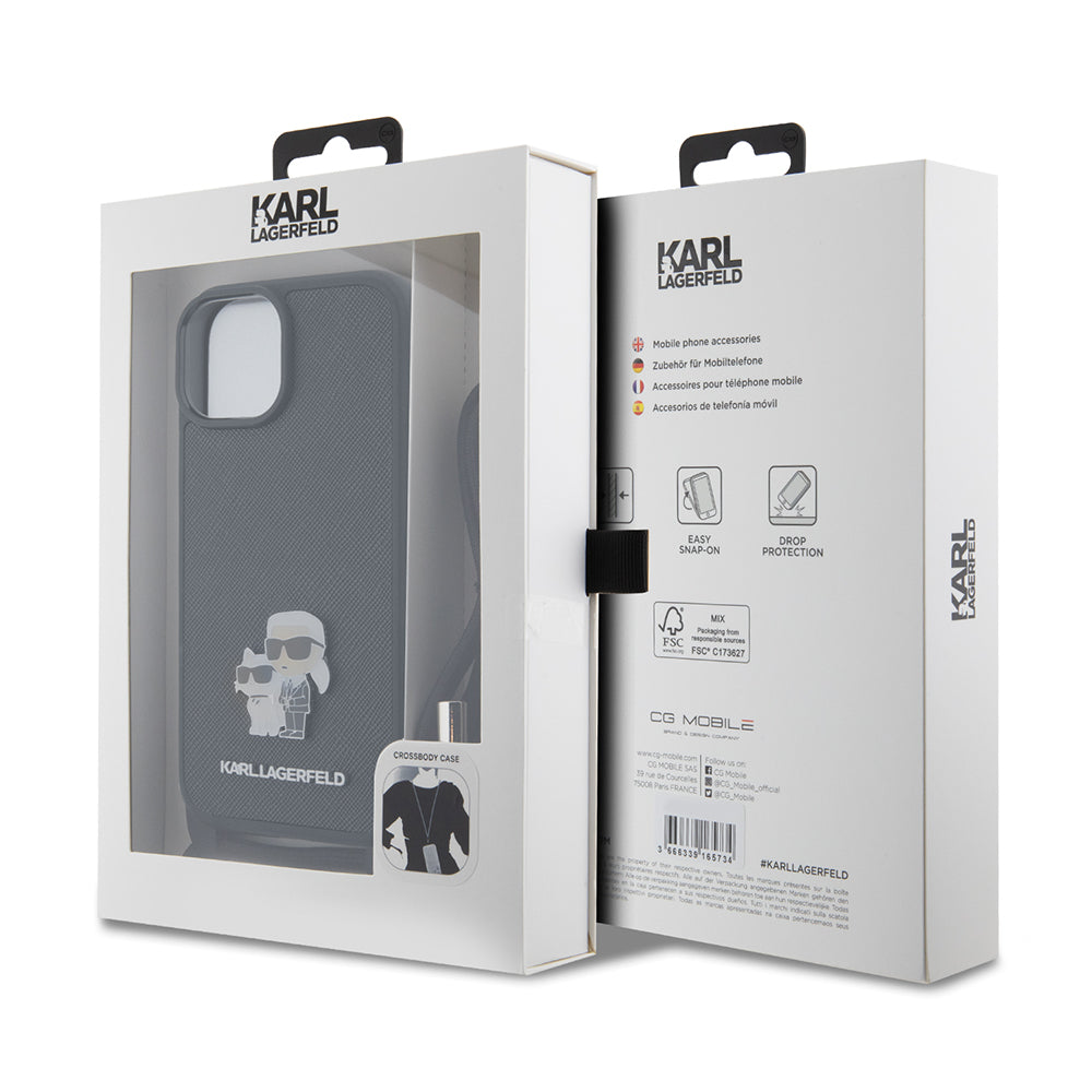 Custodia per Apple iPhone 15, Karl Lagerfeld, Saffiano Crossbody Metal Pin Karl & Choupette, Nera