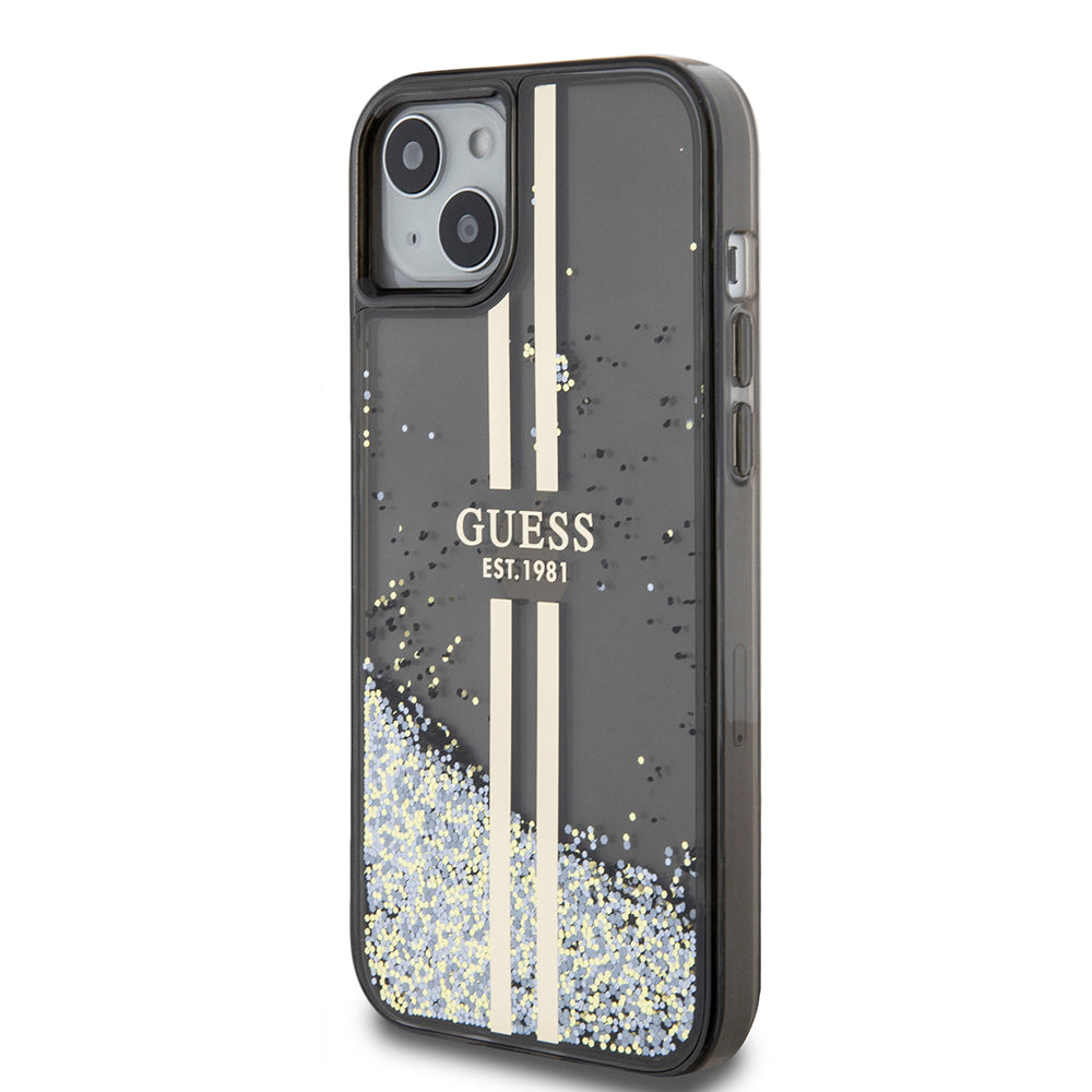 Custodia per Apple iPhone 15 Plus, Guess, Liquid Glitter Gold Stripes, Nera
